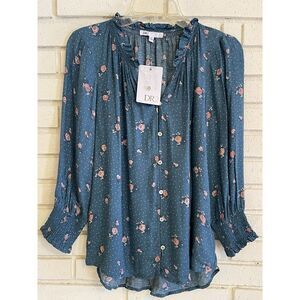 DR2 Tops Womens XS Floral Print Long-Sleeve V-Neck Blouse NWT Cottage core Green